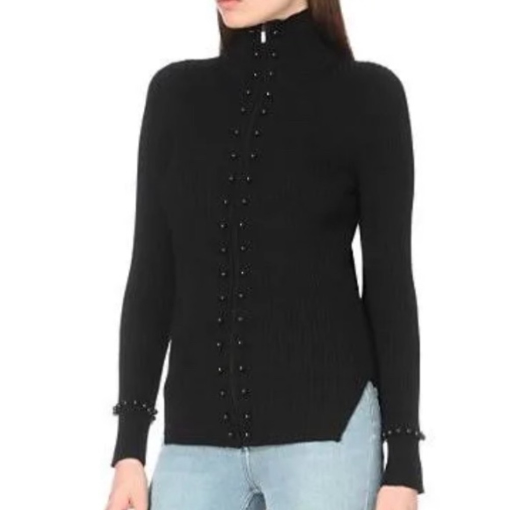SANDRO PARIS Lina Wool Zip Cardigan Ribbed Neutral Minimalist Sweater
